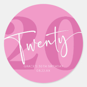 Pink Twenty 20th Twentieth Birthday Party Favor Classic Round Sticker