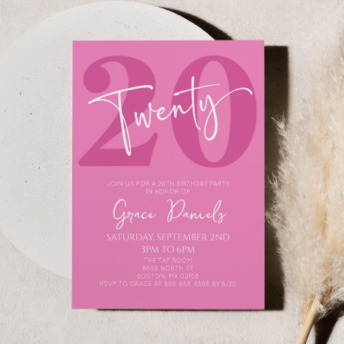 Pink Twenty 20th Twentieth Birthday Party Invitation