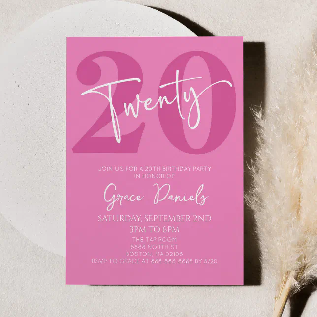 Pink Twenty 20th Twentieth Birthday Party Invitation | Zazzle