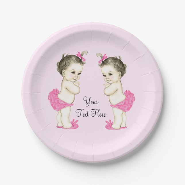 Pink Twin Baby Girl Paper Plates (Front)