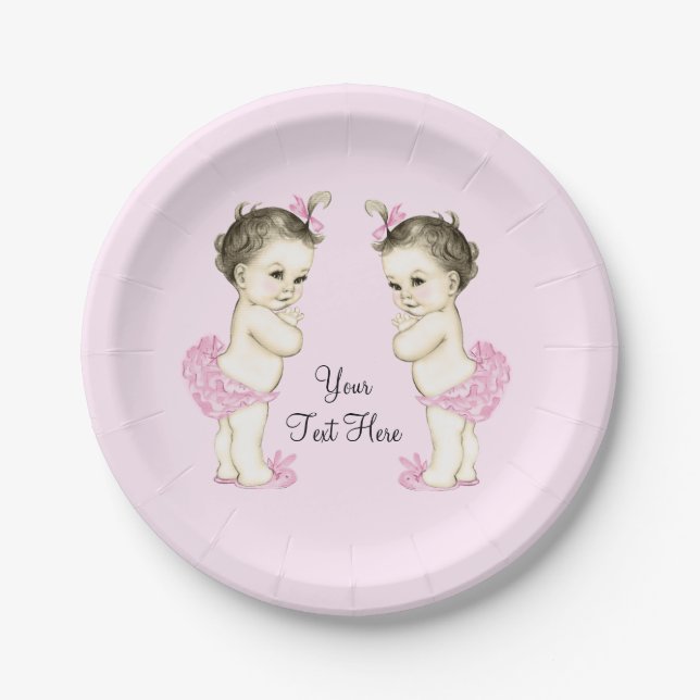 Pink Twin Baby Girl Paper Plates (Front)