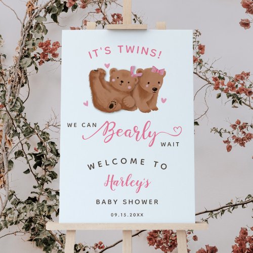 Pink Twin Bears Baby Shower Welcome Sign