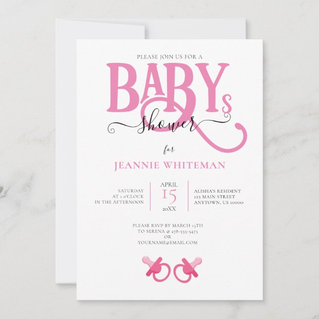 PINK TWIN GIRL BABY SHOWER WITH PACIFIER  INVITATION (Front)