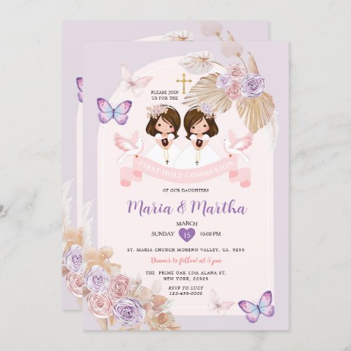 Pink TWIN Girl First Holy Communion Purple Floral Invitation
