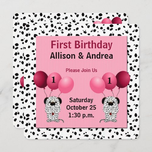 Pink Twin Girls 1st Birthday Party Dalmatian Invitation