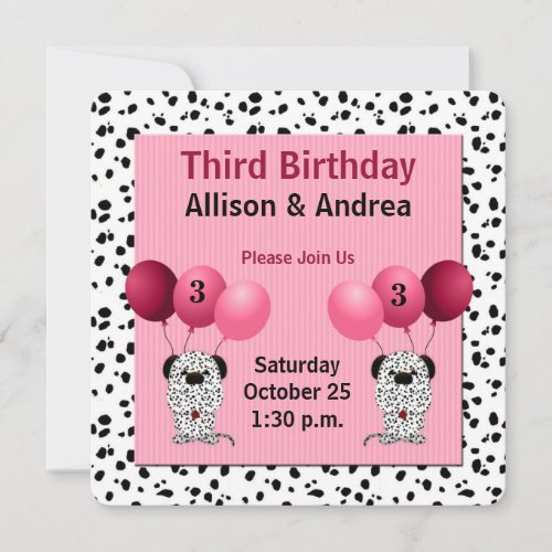 Pink Twin Girls 3rd Birthday Party Dalmatian Invitation