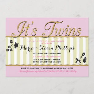 Pink Twin Girls Gold Baby Shower Stripe Invite