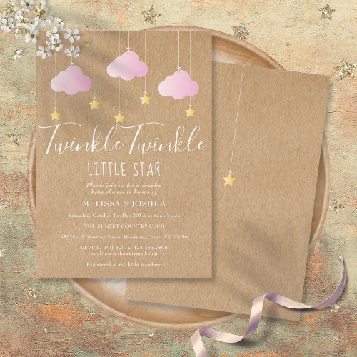 Pink Twinkle Twinkle Baby Shower Rustic Kraft Invitation