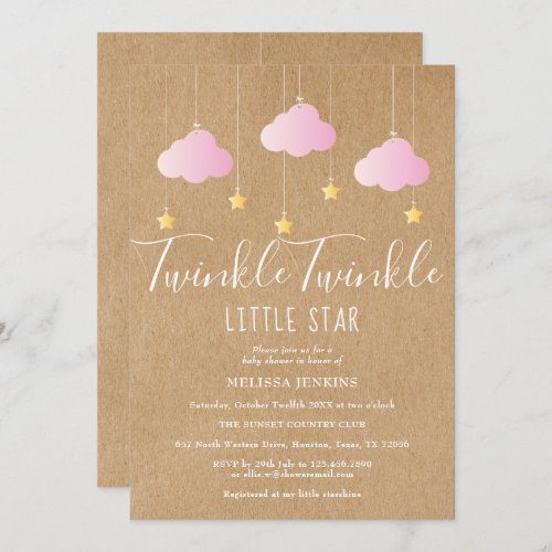 Pink Twinkle Twinkle Baby Shower Rustic Kraft Invitation