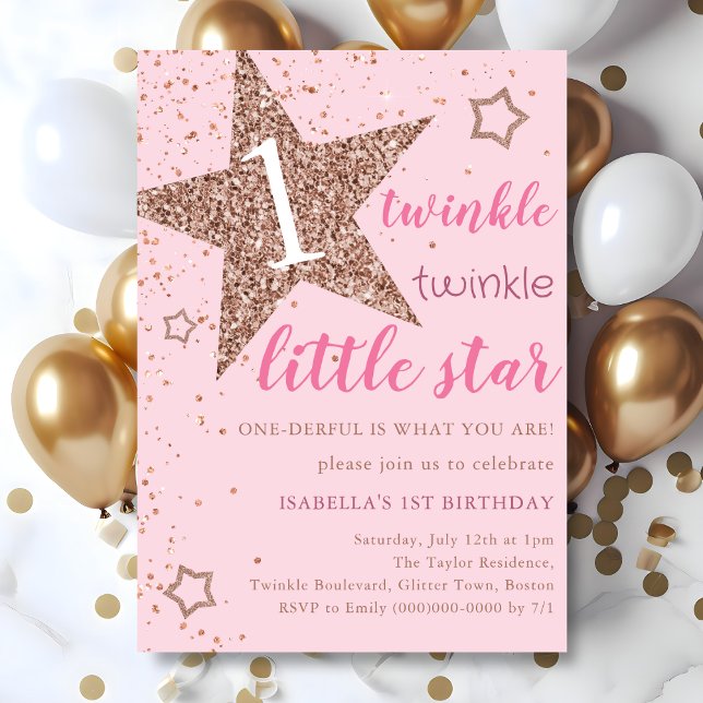 Pink Twinkle Twinkle Little Star 1st Birthday  Invitation (Creator Uploaded)