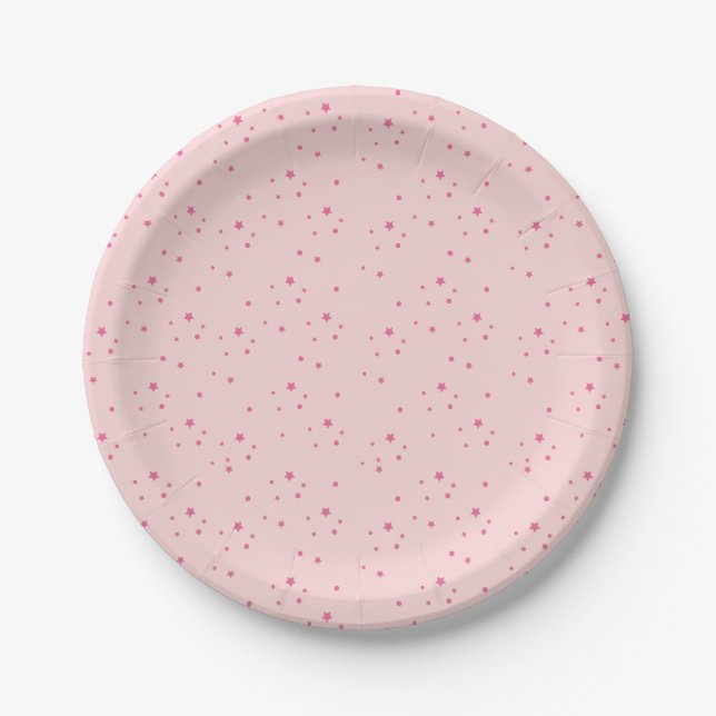 Pink twinkling stars kids birthday paper plates (Front)