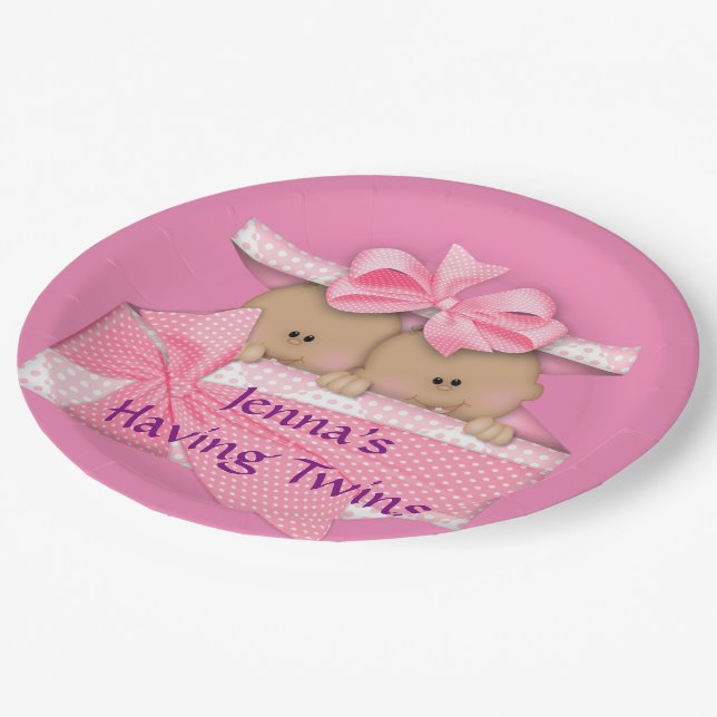 Pink Twins African American Baby Shower Party Paper Plates (Angled)