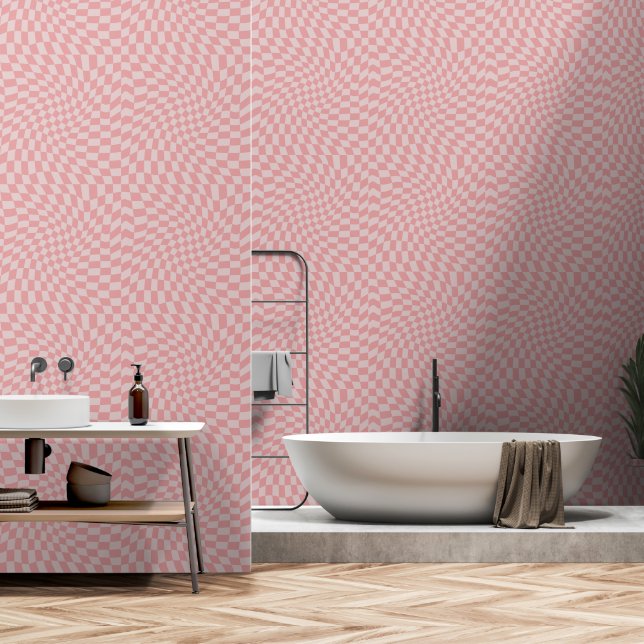 Pink Twisted Checkerboard Wallpaper (Bathroom)