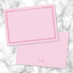 Pink Two Border Minimalist Monogram Note Card