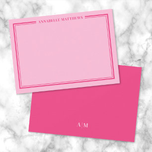 Pink Two Border Minimalist Name Monogram Note Card