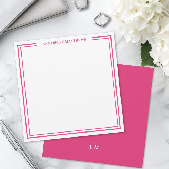 Pink Two Border Name Monogram Square Note Card (Pink Two Border Name Monogram Square Note Card )
