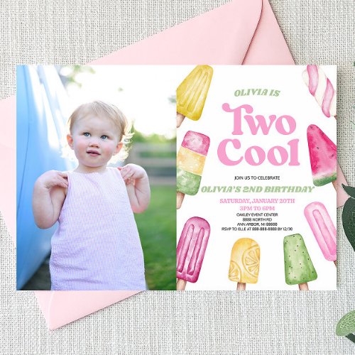 Pink Two Cool Popsicle Picture 2nd Birthday Party Invitation