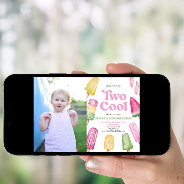Pink Two Cool Popsicle Picture 2nd Birthday Party Invitation (Front Digital)