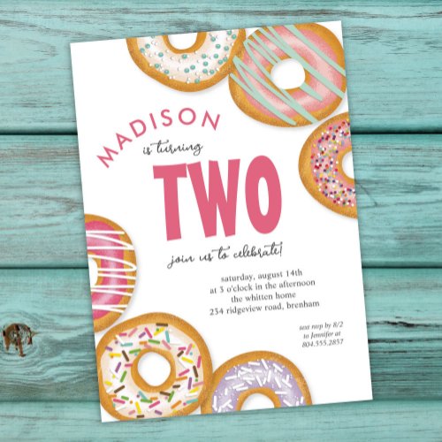 Pink Two Donut Second Birthday Party Invitation