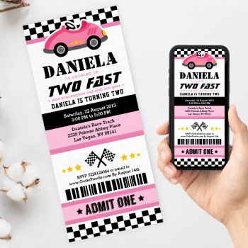 Pink Two Fast Race Car Ticket Pass Second Birthday Invitation by OwlieInvites at Zazzle