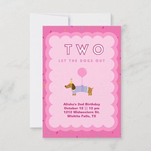 Pink Two Let the Dogs Out 2nd Birthday Invitation (Front)