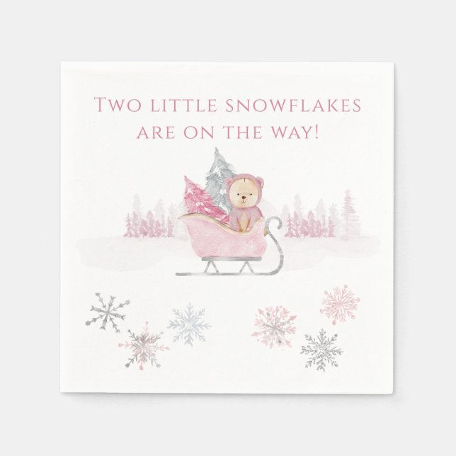 Pink Two Little Snowflakes Twin Baby Shower Napkins (Front)