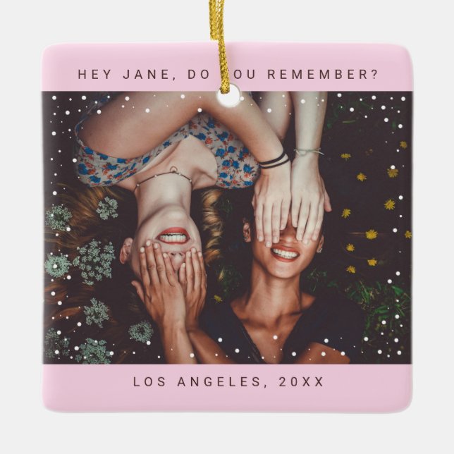 Pink Two Photo Friend Minimalist Holiday Keepsake Ceramic Ornament (Front)