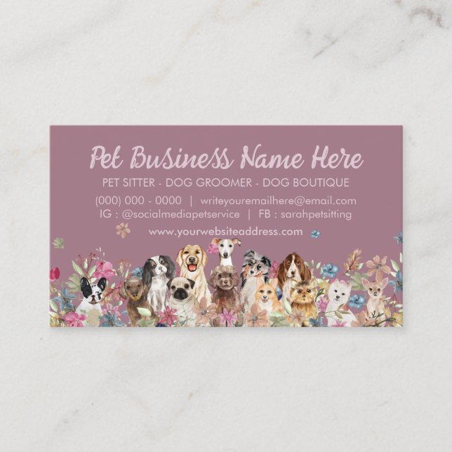 Pink Two Sided Elegant Flowers Dog Trainer Business Card (Front)