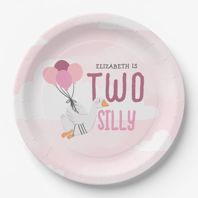 Pink Two Silly Goose 2nd Birthday Party Paper Plates (Front)