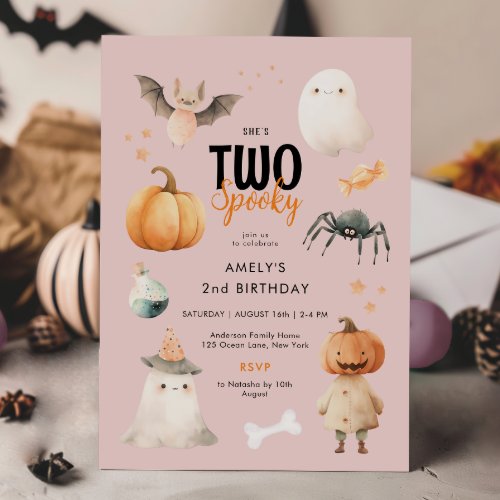 Pink Two Spooky Girl Halloween Birthday Invitation