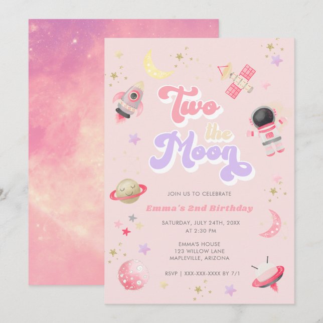 Pink Two the Moon Space Birthday  Invitation (Front/Back)