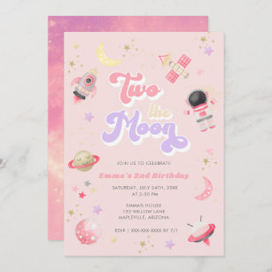 Pink Two the Moon Space Birthday  Invitation
