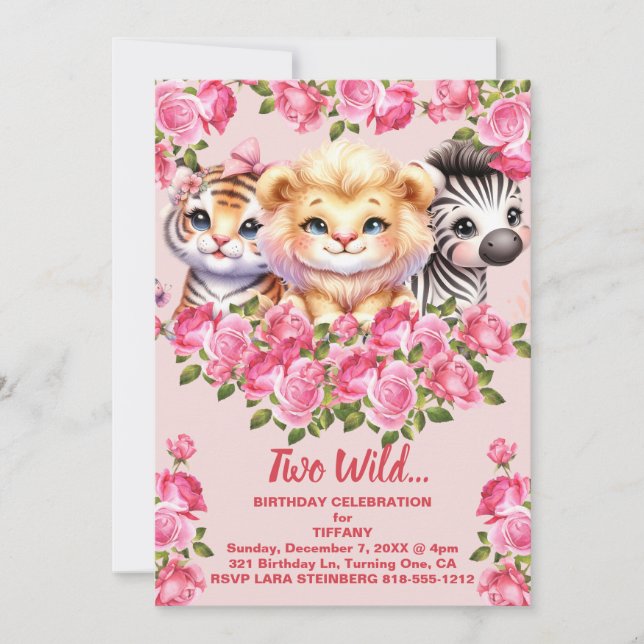 Pink Two Wild 2 Years Old Girl's Birthday Party Invitation (Front)