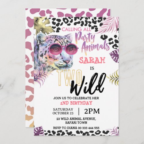 Pink Two Wild Girl 2nd Birthday Safari Animals Invitation