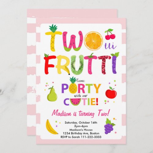 Pink Twotti Frutti Girls 2nd Birthday Invitation
