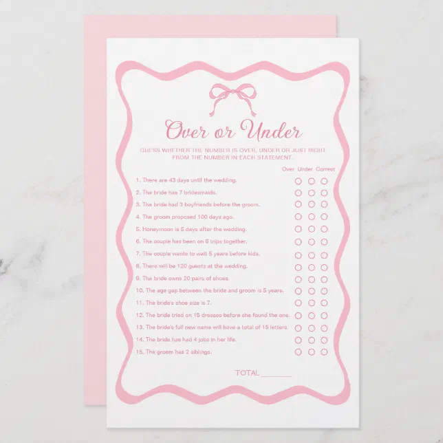 Pink Tying the Knot Bridal Shower Over Under Game | Zazzle