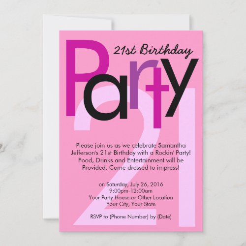 Pink Type 21st Birthday Party Invitation