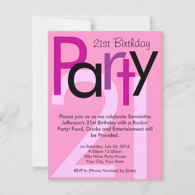 Pink Typeface 21st Birthday Party Invitation (Front)