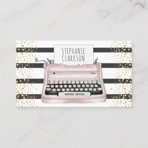Pink Typewriter Stripes Gold Glitter Writer Editor Business Card