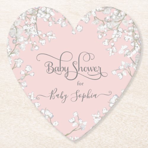 Pink Typography Babys Breath Floral Baby Shower Paper Coaster