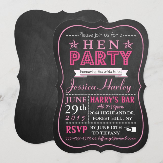 Pink Typography Chalkboard Hen Party Invitation (Front/Back)