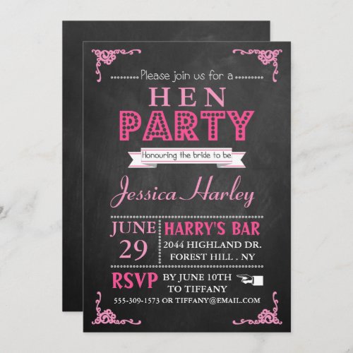 Pink Typography Chalkboard Hen Party Invitation