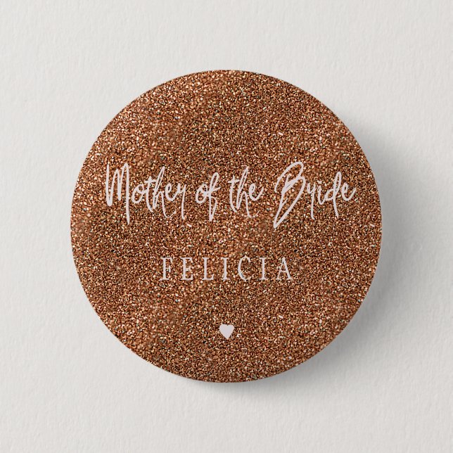 Pink typography copper glitter mother of the bride button (Front)