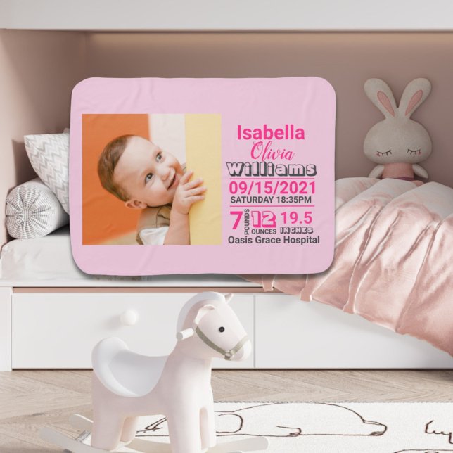 pink typography family name baby girl birth stats baby blanket (pink typography family name baby girl birth stats baby blanket)