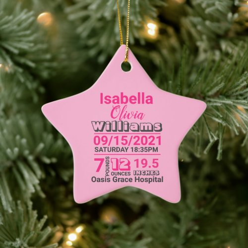 pink typography family name baby girl birth stats ceramic ornament