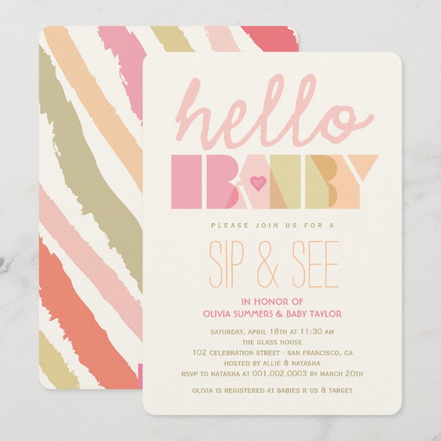 Pink Typography Girl Sip & See Hello Baby Shower Invitation (Front/Back)