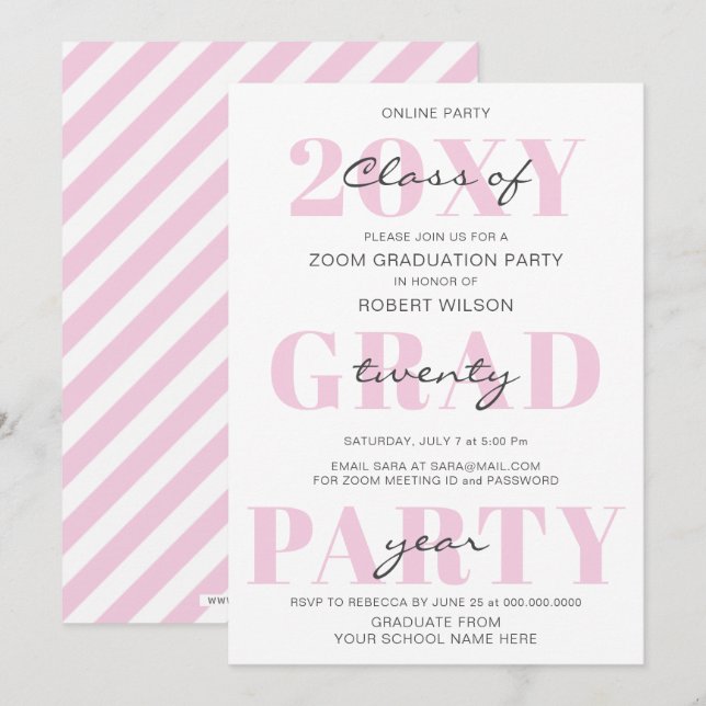 Pink Typography Modern Online Graduation Party Invitation (Front/Back)