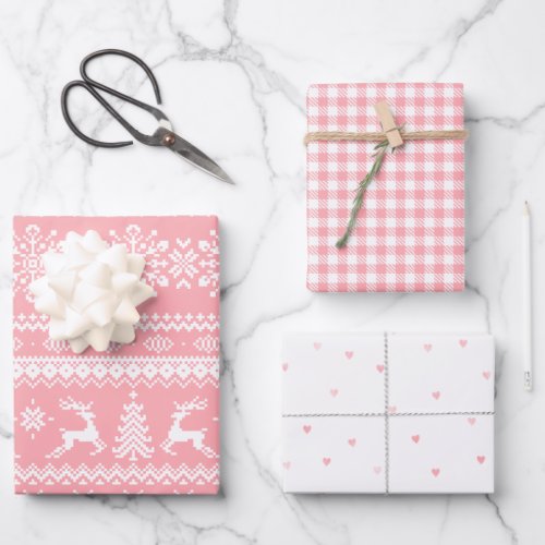 Pink ugly Christmas sweater buffalo plaid hearts Wrapping Paper Sheets