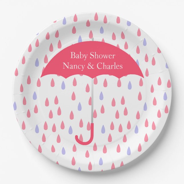 Pink Umbrella Baby Shower Plate (Front)