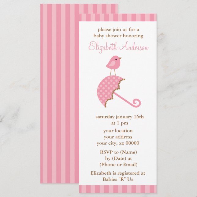 Pink Umbrella Bird Girl Baby Shower Invitation (Front/Back)